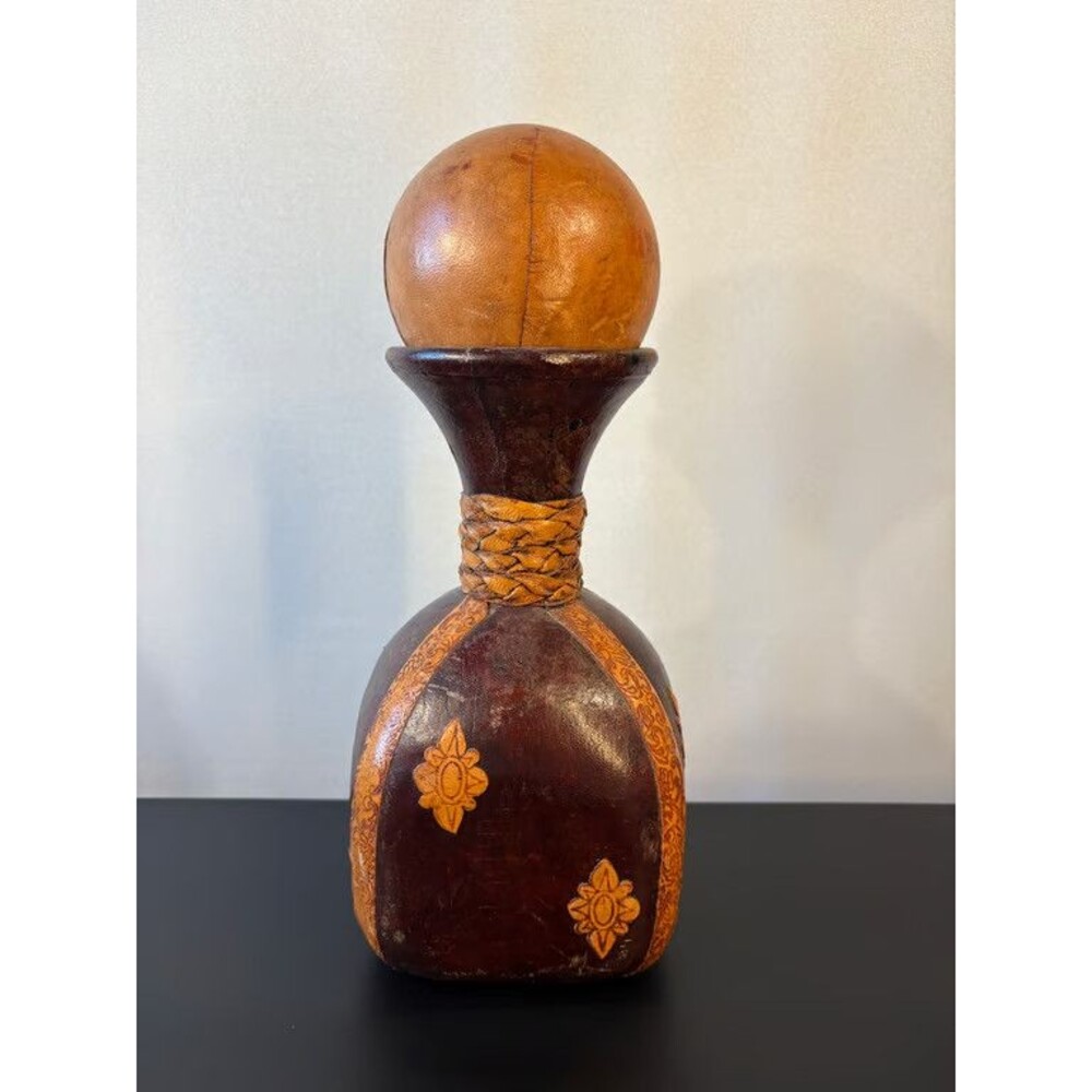 Italian Leather Decanter Dark Brown Fleur de Lis Applied Motifs Ball Stopper